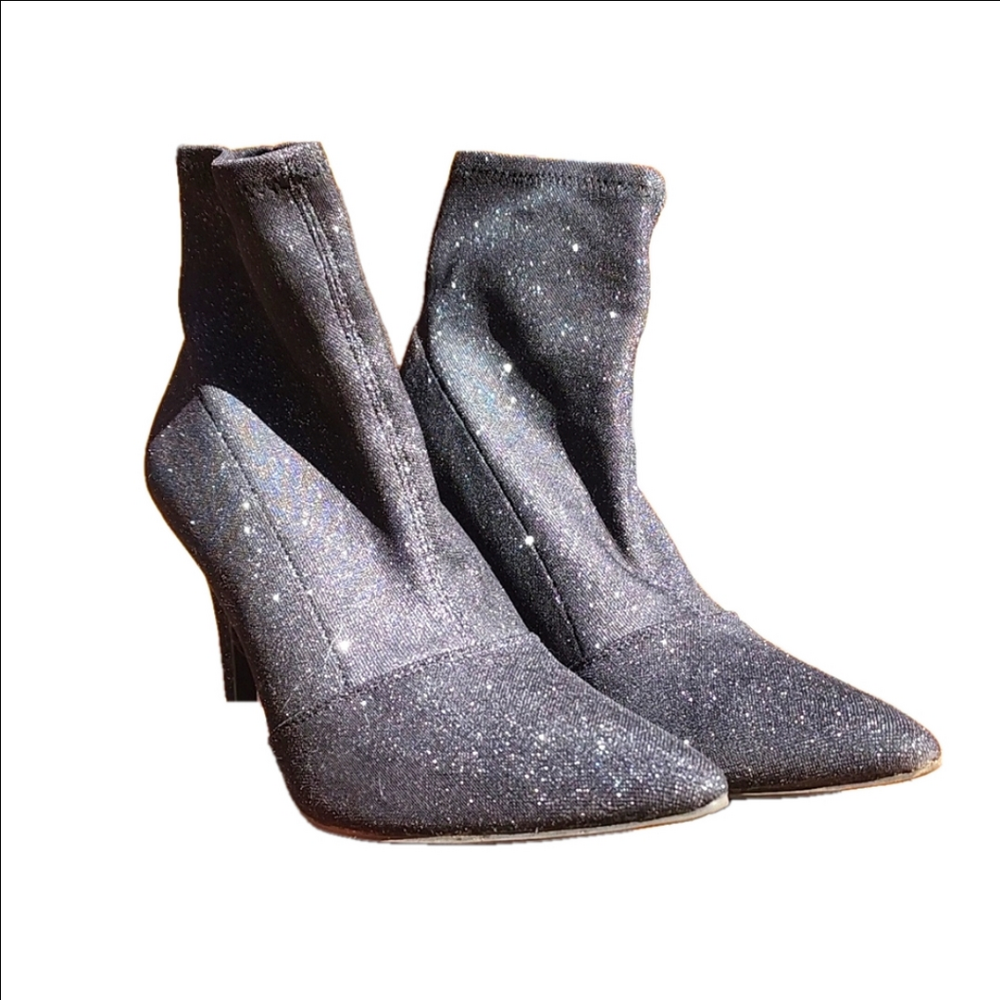 Trash black sparkle pull on heeled booties 9.5